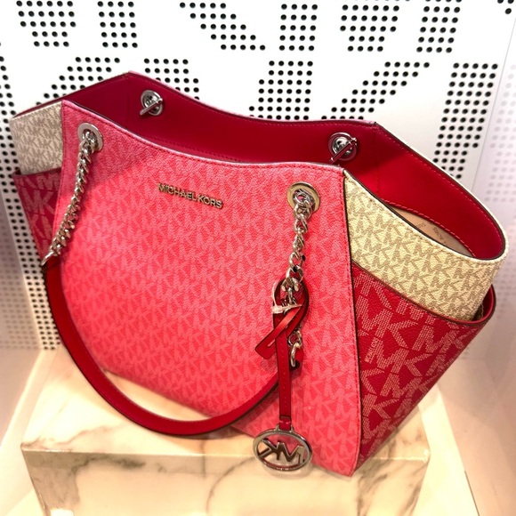 Michael Kors LG Jet Set Color-Block Signature Logo Shoulder Bag Dark Raspberry - Picture 7 of 11